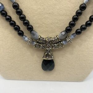 Vintage‎ Double Strand Beaded Necklace Black Gray Rhinestone Pendant Drop 18.5"
